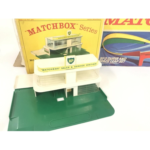 173 - A Boxed Matchbox Service Station #MG-1. A Matchbox SF-3 Curve And Space Set. And a Spears Game Car-C... 