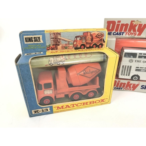 188 - 2 Boxed Matchbox vehicles. A Ready-mix Concrete Truck #K-13. A Refuse Truck #K-7 and a Dinky Silver ... 