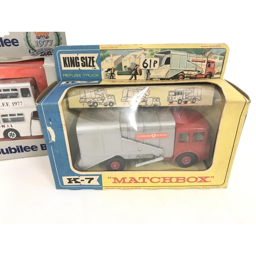 188 - 2 Boxed Matchbox vehicles. A Ready-mix Concrete Truck #K-13. A Refuse Truck #K-7 and a Dinky Silver ... 