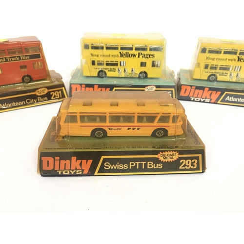 191 - 4 X Boxed Dinky Toys Buses. 2 x Atlantean Buses #295. A Atlantean City Bus #291 and a Swiss PTT Bus ... 