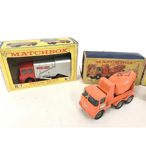 279 - A Boxed Matchbox Refuse Truck #K-7. A Ready Mix Concrete Truck #K-19. And an Articulated Freight Tru... 