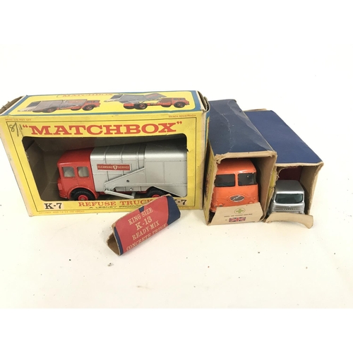 279 - A Boxed Matchbox Refuse Truck #K-7. A Ready Mix Concrete Truck #K-19. And an Articulated Freight Tru... 