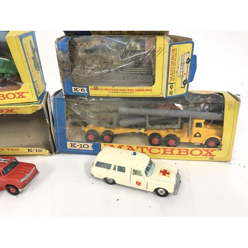 281 - 4 Boxed Matchbox Vehicles. A Articulated Horse Van #K-19. A Mercedes Benz Ambulance #k-6. A Combine ... 