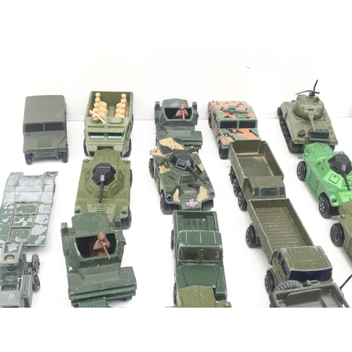 380 - A collection in excess of 30 Playworn model vehicles by Matchbox..Corgi and others. Theme is Militar... 