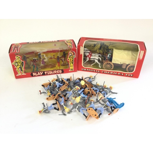 420 - A Boxed Cherilea covered wagon. Indians and quantity of loose confederate soldiers.