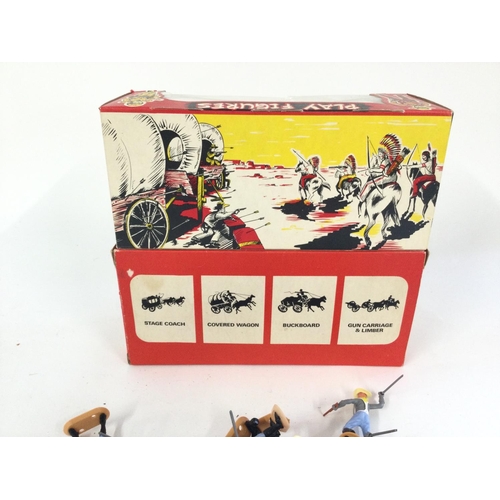 420 - A Boxed Cherilea covered wagon. Indians and quantity of loose confederate soldiers.