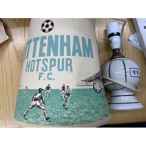 144 - Tottenham Football Memorabilia Boxes: Worth a look with an old Tottenham lampshade and lamp, silk sc... 