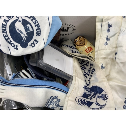 144 - Tottenham Football Memorabilia Boxes: Worth a look with an old Tottenham lampshade and lamp, silk sc... 