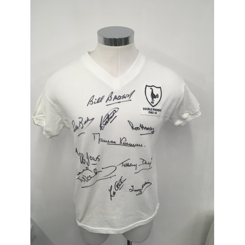 148 - Tottenham 1961 Signed Football Shirt: Famous double winning team white home replica shirt signed to ... 