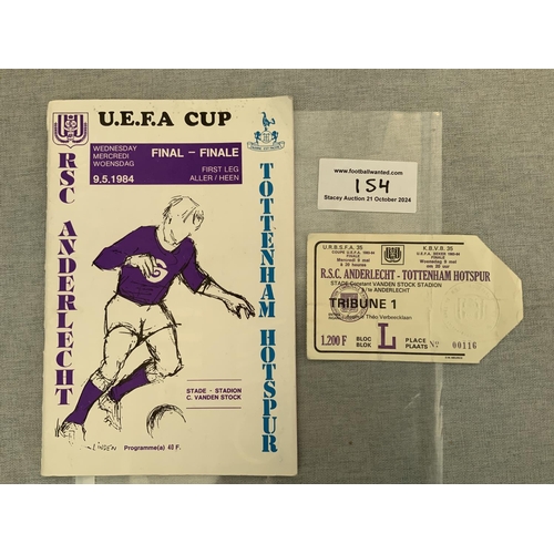 154 - 1984 UEFA Cup Final Football Programme + Ticket: Anderlecht v Tottenham. Ticket good with slight fol... 