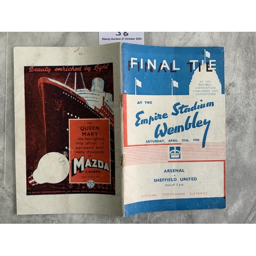 36 - 1936 FA Cup Final Football Programme: Arsenal v Sheffield United in excellent condition with no team... 