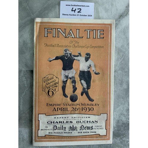 42 - 1930 FA Cup Final Football Programme: Arsenal v Huddersfield in very good condition with no team cha... 