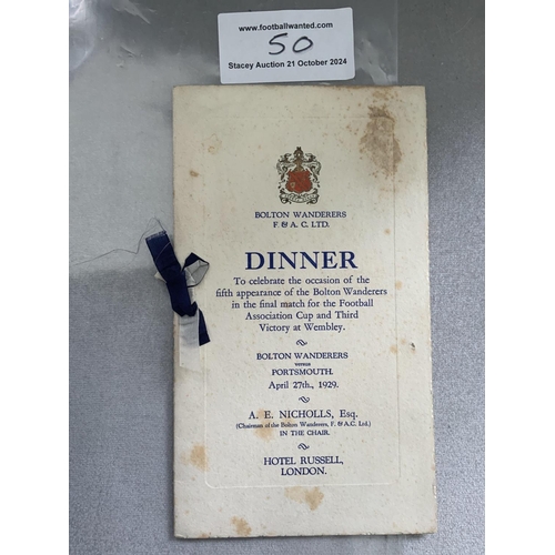 50 - 1929 Bolton Wanderers FA Cup Final Football Menu: Held the evening of the victorious win over Portsm... 