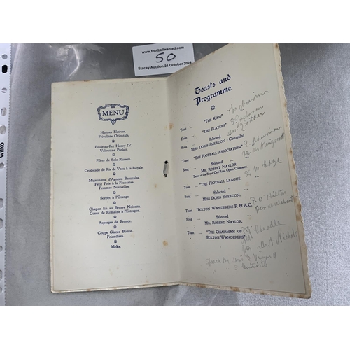 50 - 1929 Bolton Wanderers FA Cup Final Football Menu: Held the evening of the victorious win over Portsm... 