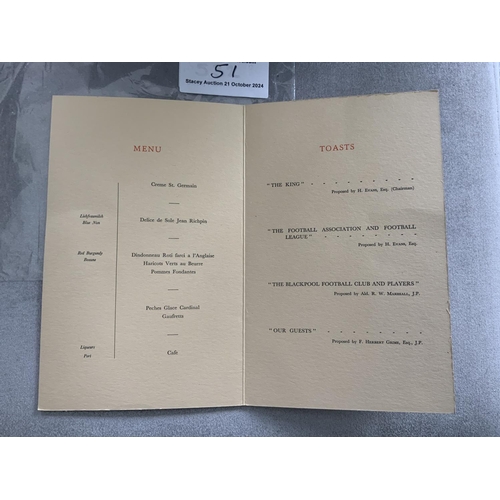 51 - 1951 Blackpool FA Cup Final Football Menu: Held the evening of the defeat to Newcastle. Excellent co... 