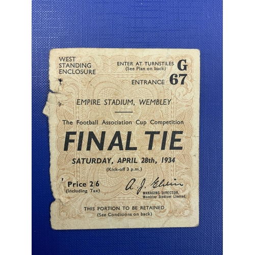 570 - 1934 FA Cup Final Football Ticket: 1934 Portsmouth v Manchester City has 4 staple holes where it use... 