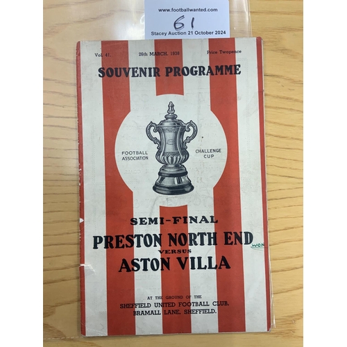 61 - 1938 FA Cup Semi Final Football Programme: Preston v Aston Villa played at Sheffield United. 50% spl... 