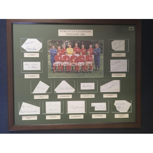 70 - 1966 England World Cup Fully Signed Framed Display: Large famous colour photo of the 11 players who ... 