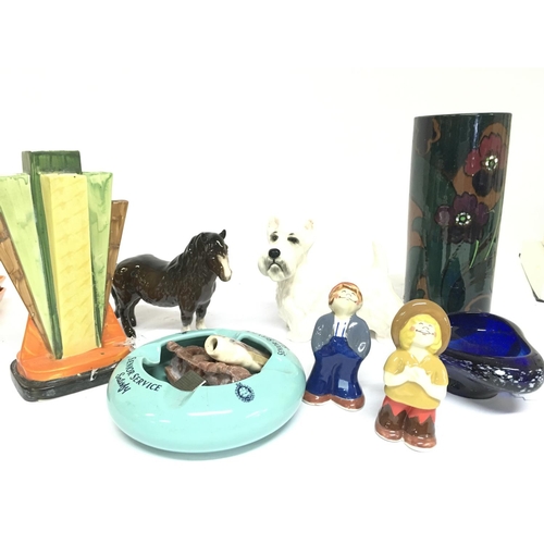 1018 - A box of ceramics including Carltonware dishes, art glass, Mdina glass vase, Royal Doulton horse fig... 