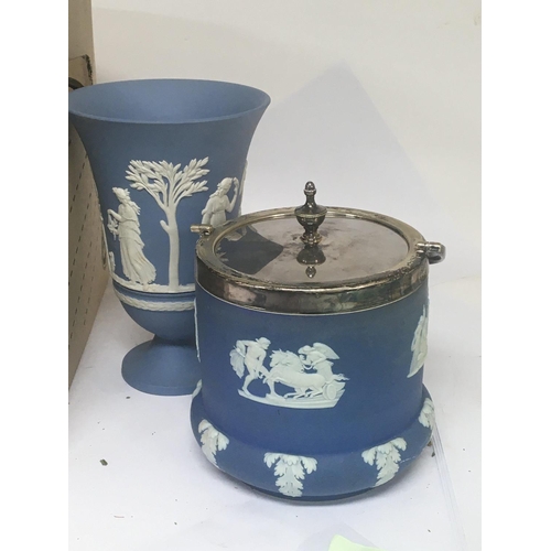 1036 - A Wedgwood blue Jasperware biscuit barrel and vase and a box containing silver plate and brassware.