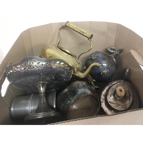 1036 - A Wedgwood blue Jasperware biscuit barrel and vase and a box containing silver plate and brassware.