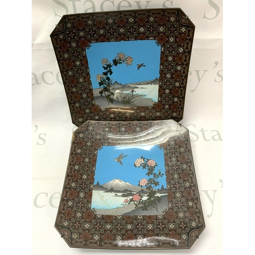 1062 - 2 1920s Japanese cloisonnÃ© wall chargers. 33cm x 33cm. (D)