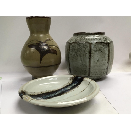 1082 - Two David Leach stone ware vases 22 cm 18 cm and a shallow grey glazzed dish