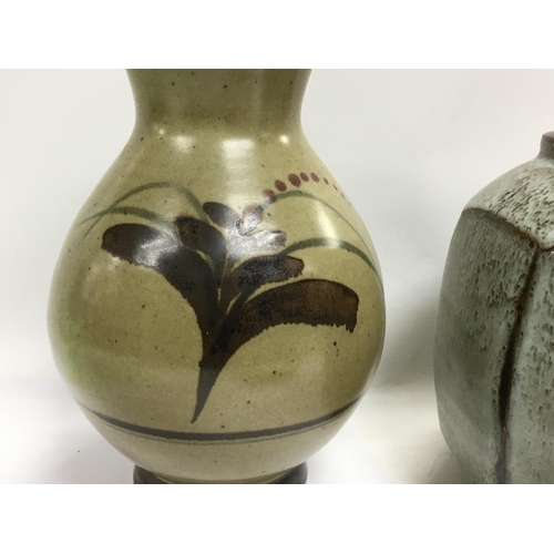 1082 - Two David Leach stone ware vases 22 cm 18 cm and a shallow grey glazzed dish