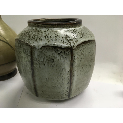 1082 - Two David Leach stone ware vases 22 cm 18 cm and a shallow grey glazzed dish