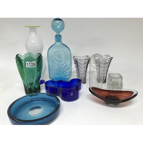 1128 - A collection of mid 20th century coloured trays, vases, decanters and other.