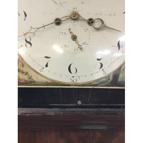 1222 - A mahogany long case clock the painted dial with moon roller Arabic numerals and second sub dial . N... 