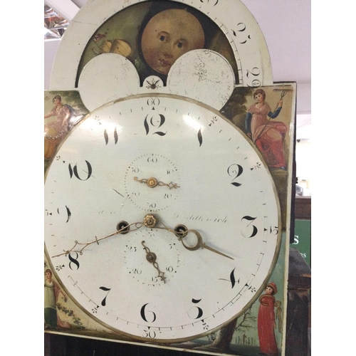 1222 - A mahogany long case clock the painted dial with moon roller Arabic numerals and second sub dial . N... 