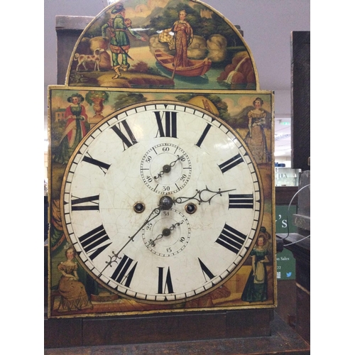 1224 - A oak long case clock the arched painted dial with Roman numerals. NO RESERVE