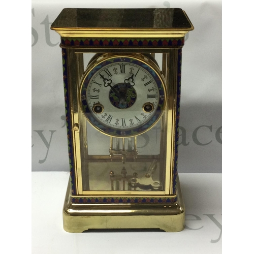 1250 - A good quality brass and cloisonne 4 glass clock with mercury pendulum, 29.5cm x 17.5cm x 13.5cm. (D... 