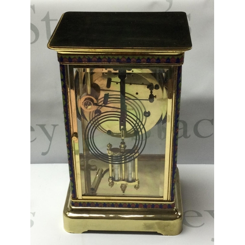 1250 - A good quality brass and cloisonne 4 glass clock with mercury pendulum, 29.5cm x 17.5cm x 13.5cm. (D... 