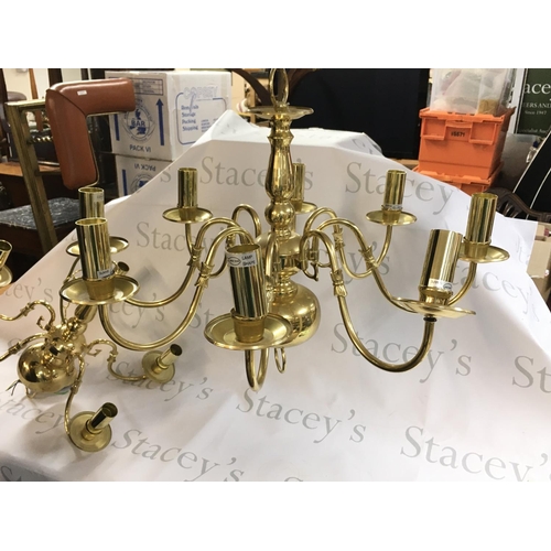 1288 - A vintage brass 8 arm searchlight chandelier ceiling pendant and a 5 arm version. Postage D