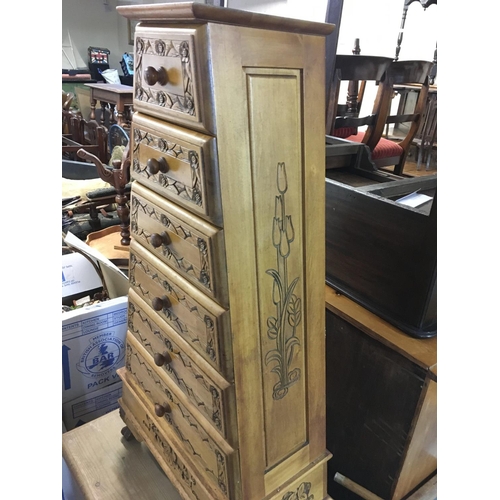 1290 - A triangular pine collector cabinet with 6 draws. 100cm tall and 52cm at widest point. No reserve Po... 