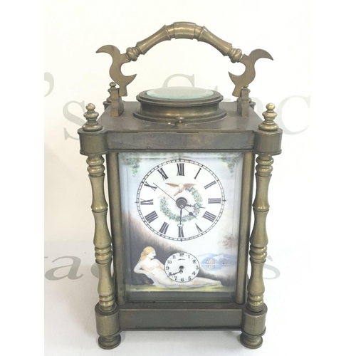 1299 - A mid 20th century carriage clock with porcelain panels decorated with nude women. This lot cannot b... 