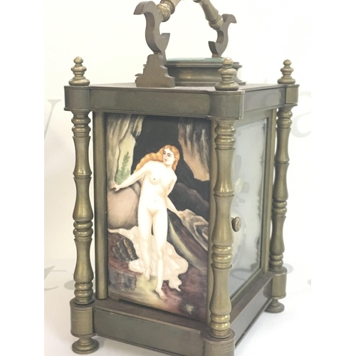 1299 - A mid 20th century carriage clock with porcelain panels decorated with nude women. This lot cannot b... 