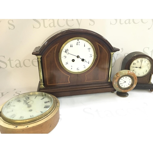 1300 - An Edwardian mahogany mantle clock with inlaid design 12x34x27.5cm, A Matthew Norman marble clock an... 