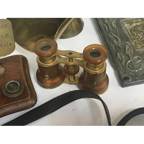 752 - A collection of items comprising a set of brass beam balance postal scales with weights a British ma... 