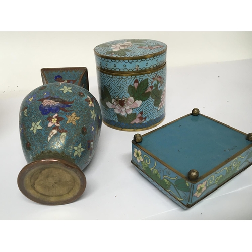 816 - A collection of cloisonné a jar and cover two vases and a box with a hinged lid. NO RESERVE