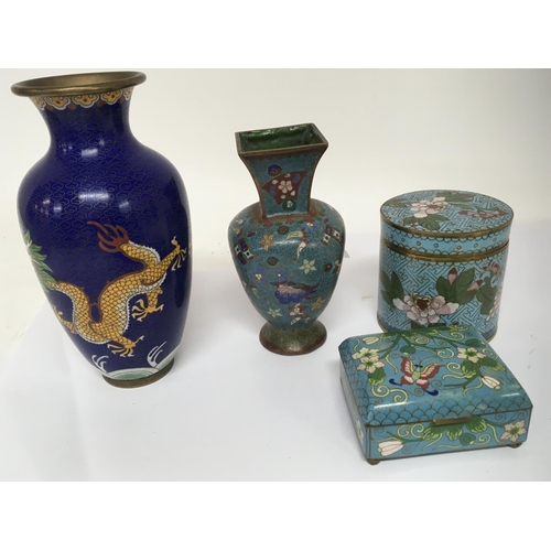 816 - A collection of cloisonné a jar and cover two vases and a box with a hinged lid. NO RESERVE