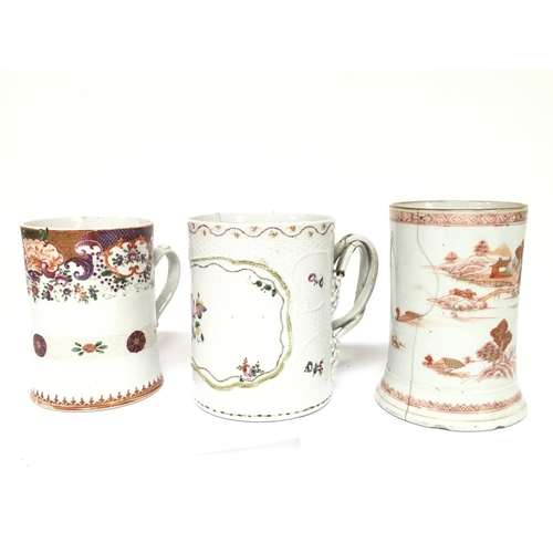 824 - Three 19th century Chinese porcelain tankards with damage and restoration. 12 to 13.5cm tall. This l... 