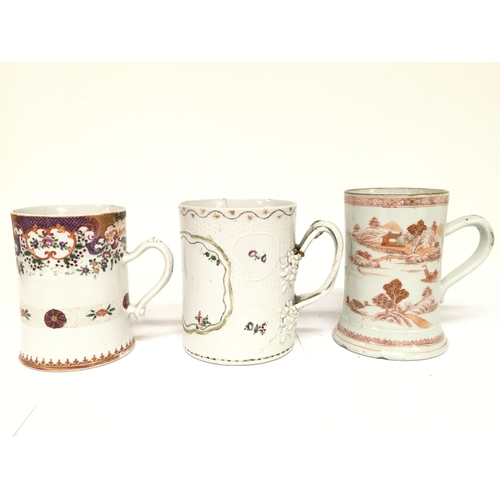 824 - Three 19th century Chinese porcelain tankards with damage and restoration. 12 to 13.5cm tall. This l... 