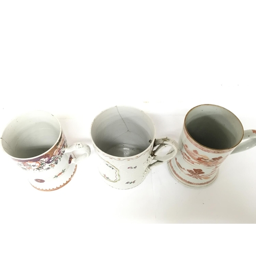 824 - Three 19th century Chinese porcelain tankards with damage and restoration. 12 to 13.5cm tall. This l... 