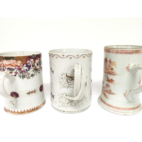 824 - Three 19th century Chinese porcelain tankards with damage and restoration. 12 to 13.5cm tall. This l... 