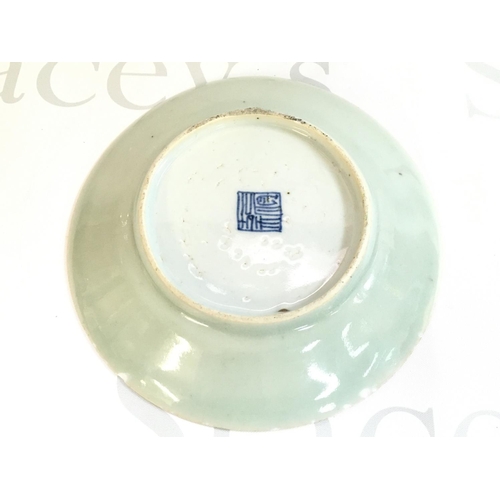 854 - A Chinese Cantonese celadon dish , 19cm wide. Some small chips. This lot cannot be posted