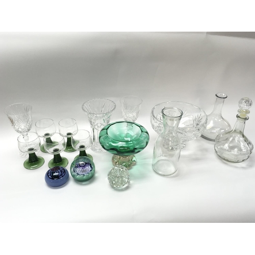 909 - A Collection of cut glass including green coloured glasses, bowl etc, Caithness paperweights etc. th... 