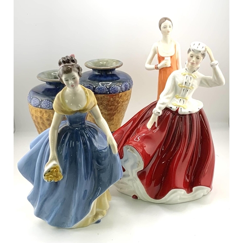 920 - A pair of Doulton Lambeth vases together with 3 ceramic figure (2 Doulton, 1 Coalport). (D) 1 figure... 